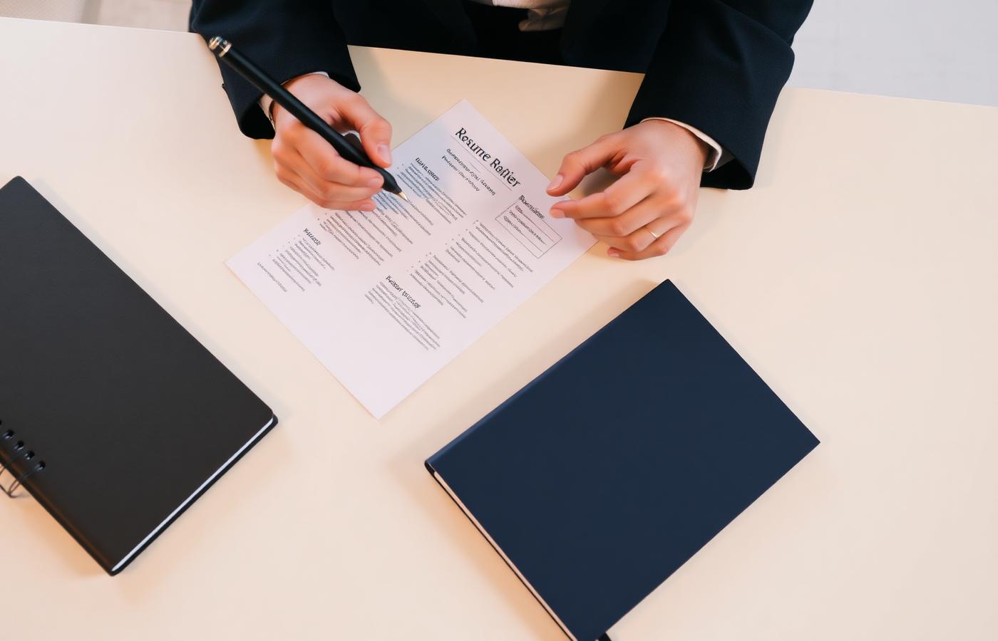 Hands reviewing a printed resume and notes on a desk